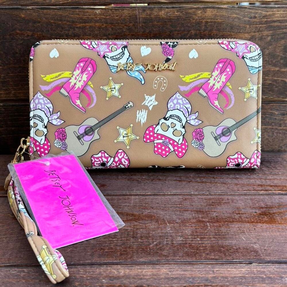 Betsey Johnson Tan Wallet with Pink, Purple, Yellow & Gold Accents
